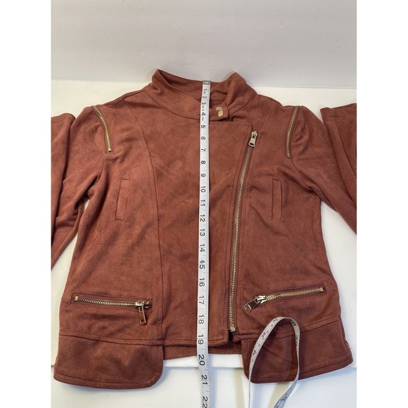 Suede Zipper Detailed Crop Biker Jacket Rust Medium Color Size Small - Picture 4 of 8